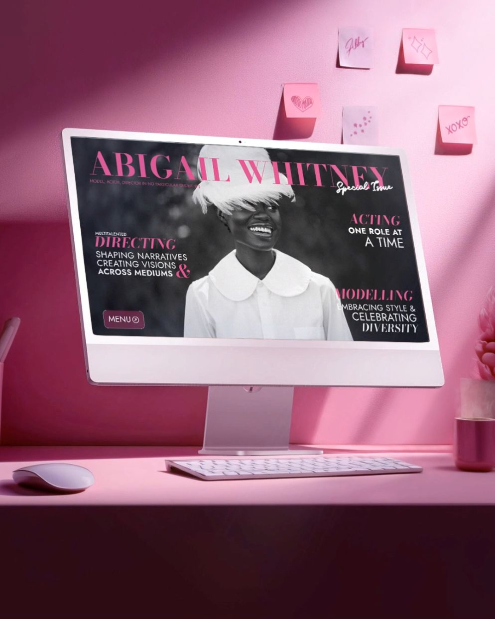 Abigail Whitney features on her magazine cover-like website with a bright pink corporate office background.