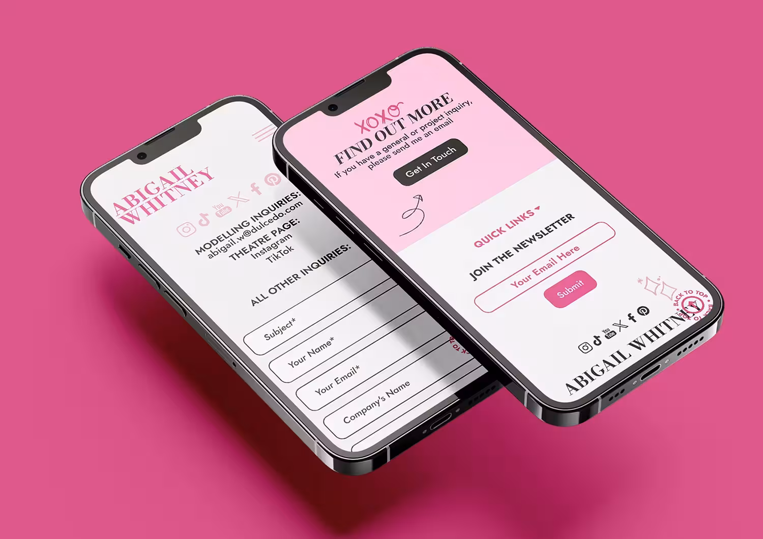 Abigail Whitney's website footer and contact page on phone screens.