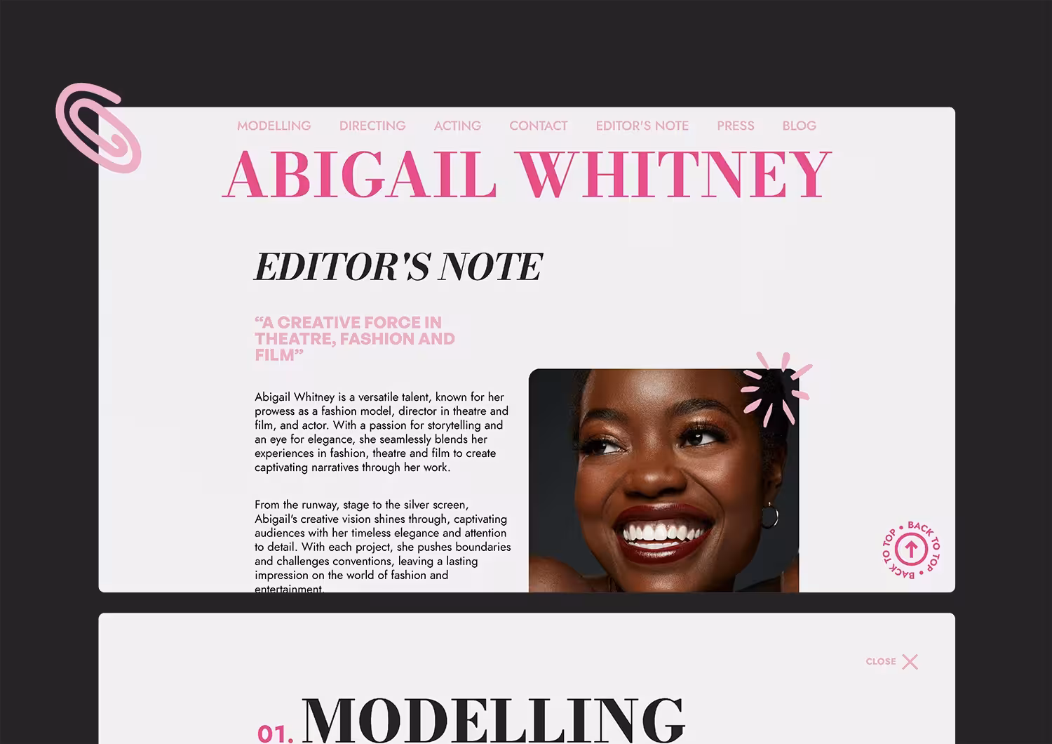 Showcase of the pages from the website created for the multidisciplinary artist Abigail Whitney.