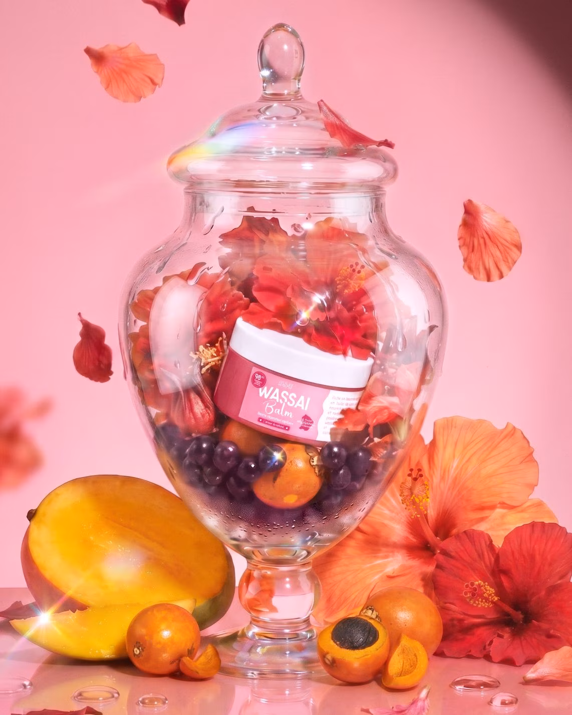 Amewat Wassaï Balm jar displayed inside a glass apothecary jar with hibiscus flowers, mango, awara fruits and açai berries on a pink studio set.