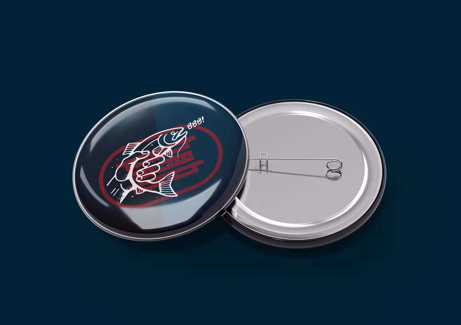 Babanh Bao pin badge mockup featuring illustrated fish logo and bold brand colours.