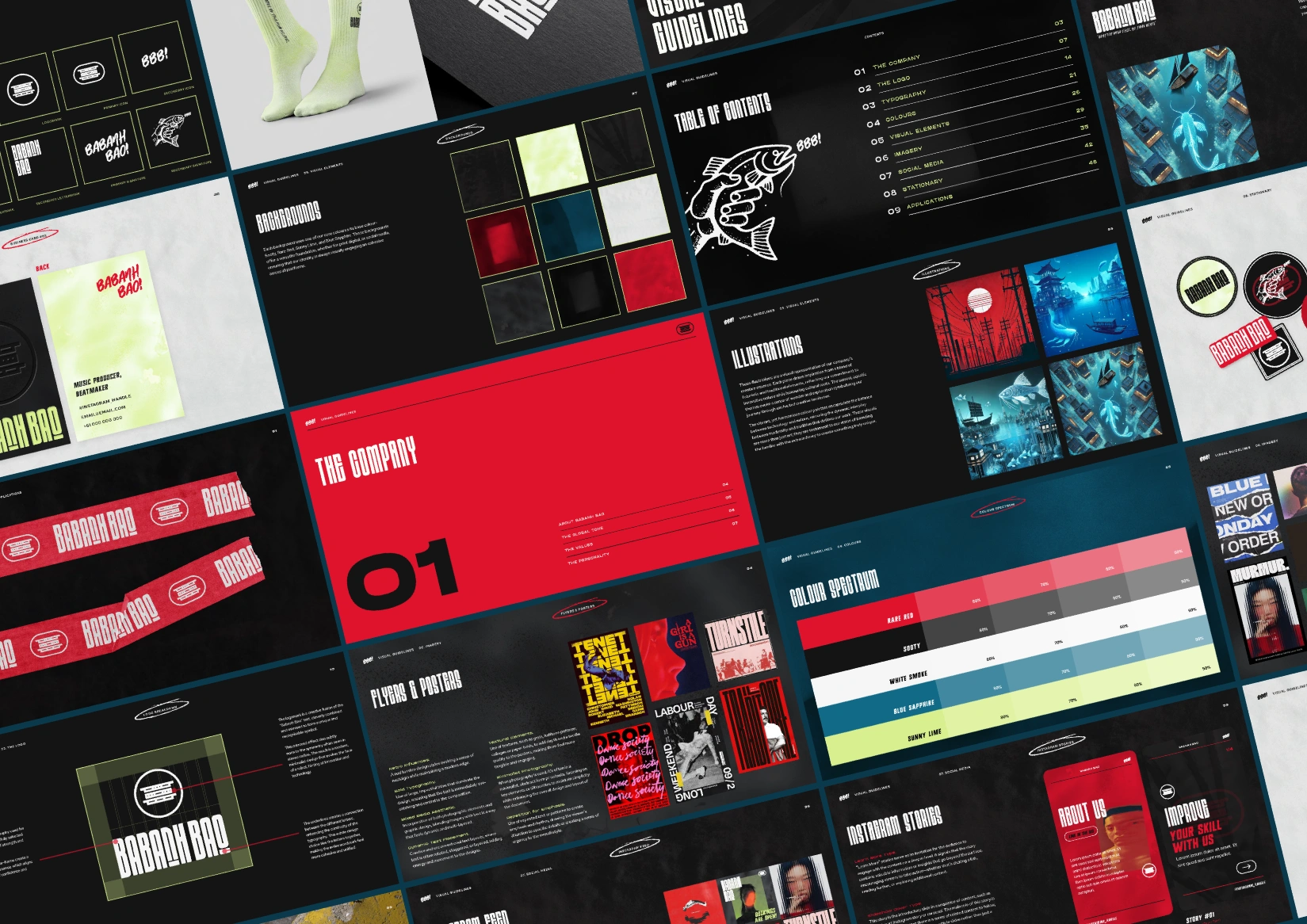 Babanh Bao brand guidelines pages showing typography, colour palettes, illustrations, and graphic applications.