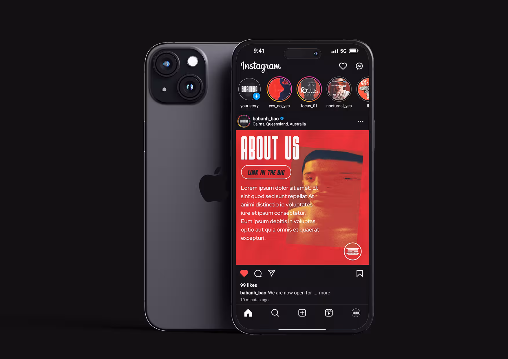 Babanh Bao Instagram page displayed on phone mockup with red-toned brand visuals.