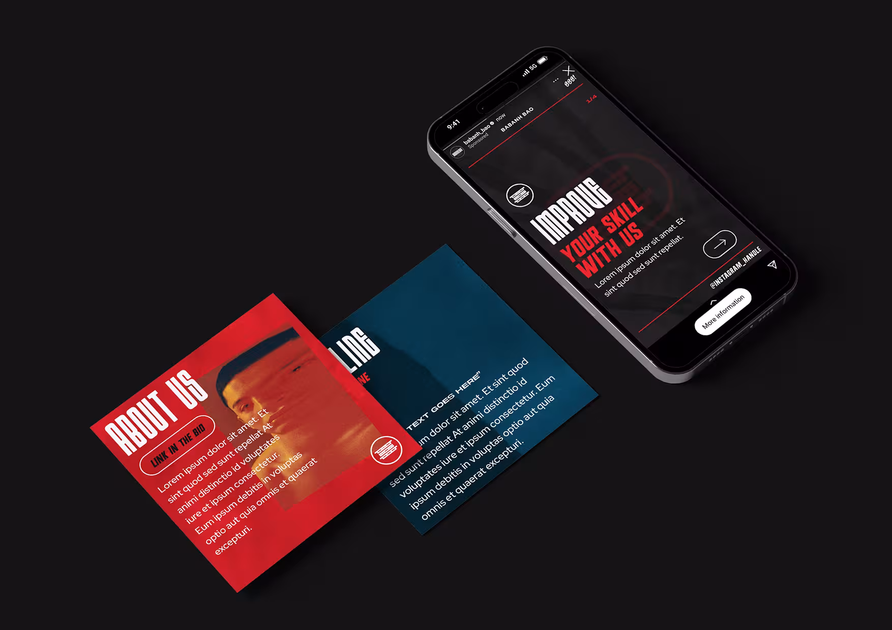 Babanh Bao social media posts in red and blue alongside an Instagram story mockup displayed on smartphone.