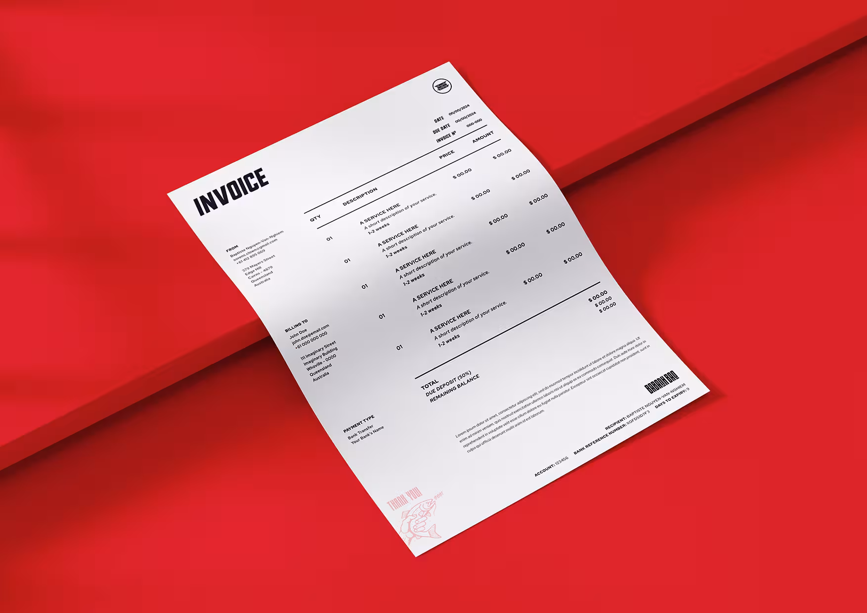 Babanh Bao branded invoice template design on red background.