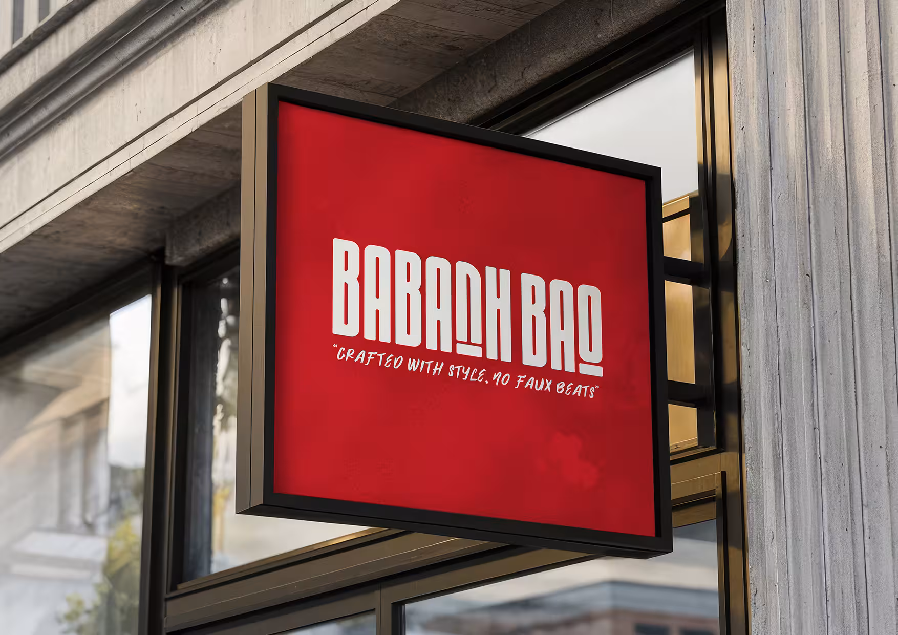 Babanh Bao outdoor signage with bold red background and logo tagline 'Crafted with style, no faux beats'.