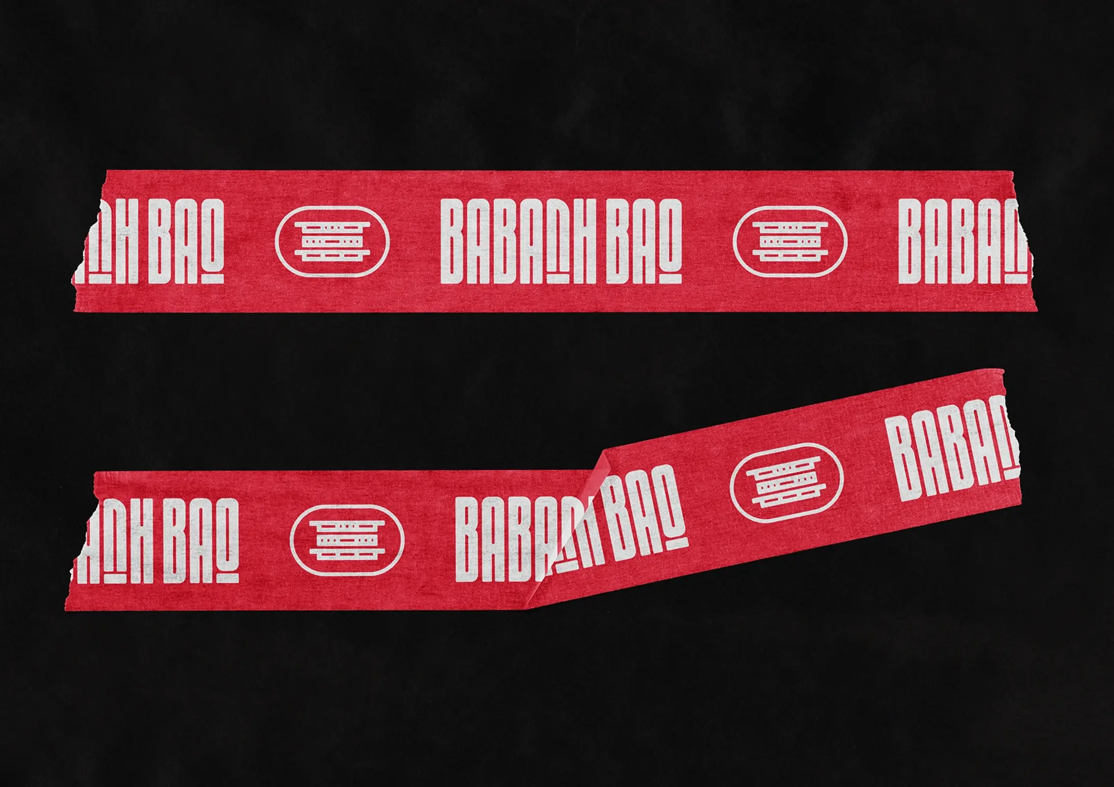 Babanh Bao red branded tape with repeating logo and emblem on black background.
