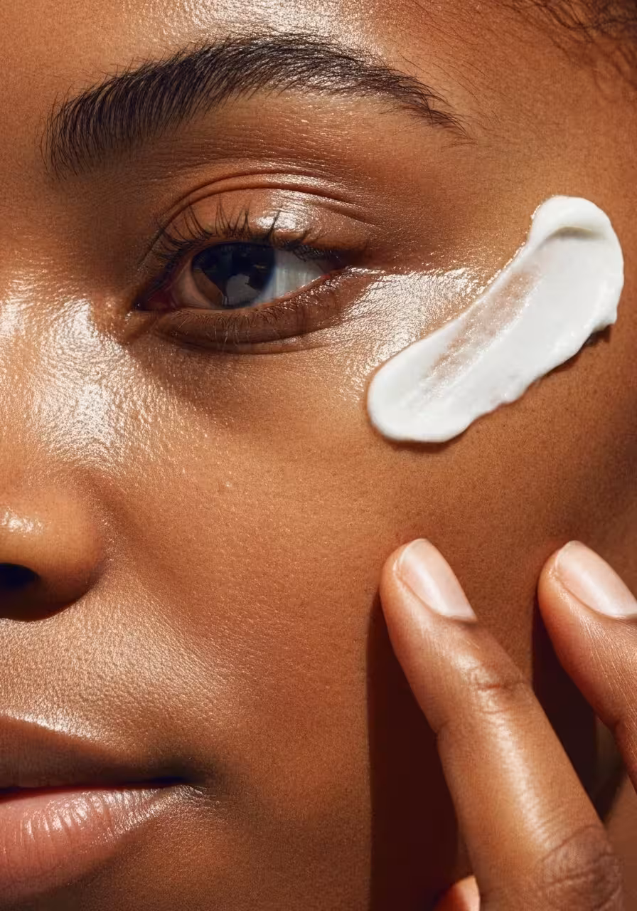 A close-up of a woman's face applying thick shea butter.