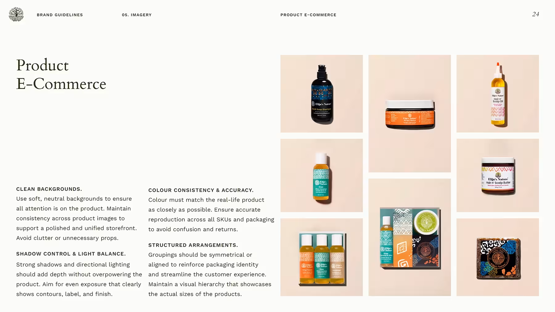 Brand guidelines page for Elija's Nature, showing e-commerce product photography with clean, neutral backgrounds.