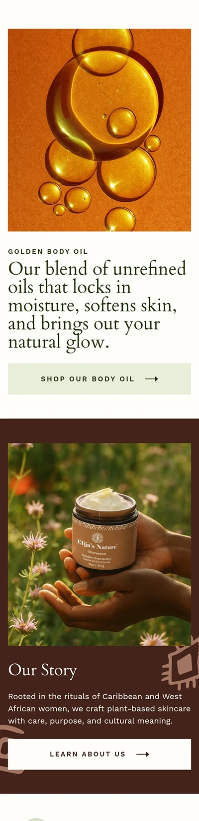 The 'after' version of the Elija's Nature website, showcasing the complete redesign with a modern layout, lifestyle photography, and a premium, earthy aesthetic.