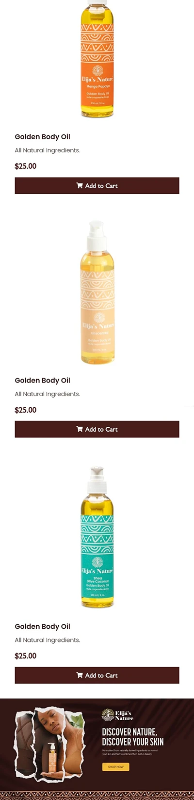 The 'before' version of the Elija's Nature website, showing a basic e-commerce grid with simple product photos.