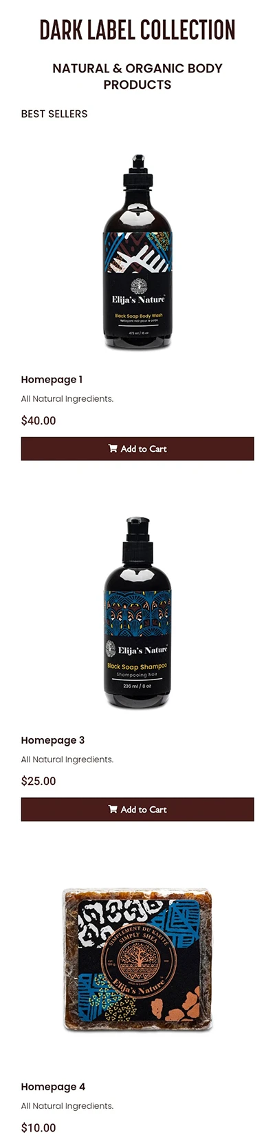 The 'before' version of the Elija's Nature website, showing a basic e-commerce grid with simple product photos.