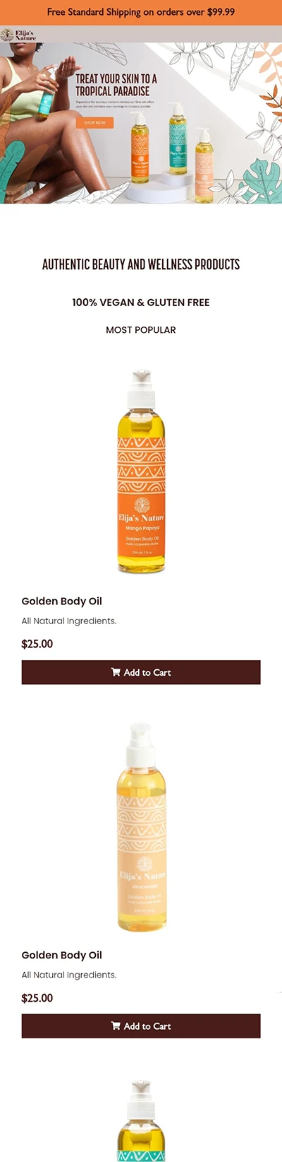 The 'before' version of the Elija's Nature website, showing a basic e-commerce grid with simple product photos.