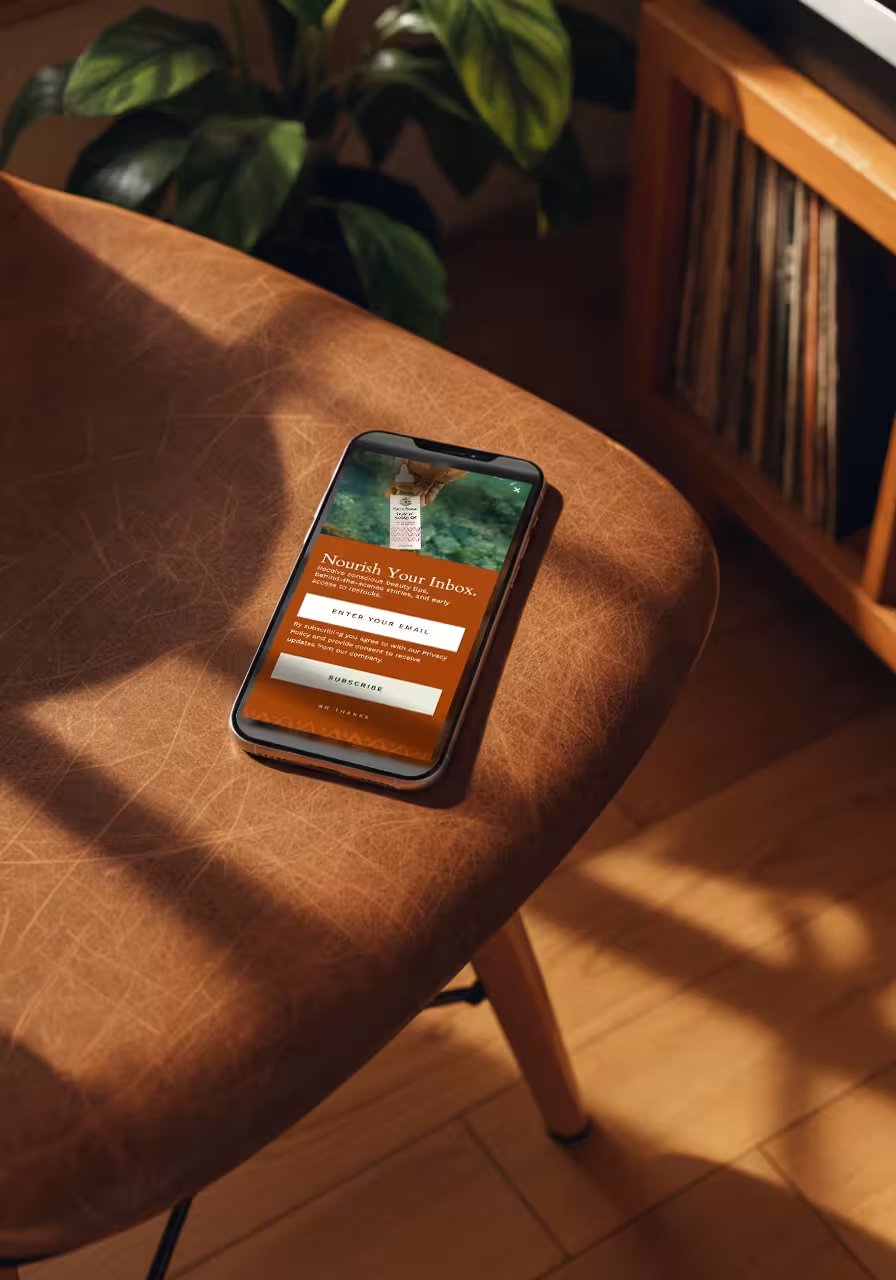 Lifestyle photo of a smartphone displaying the Elija's Nature website, resting on a brown leather chair in a sunlit room.