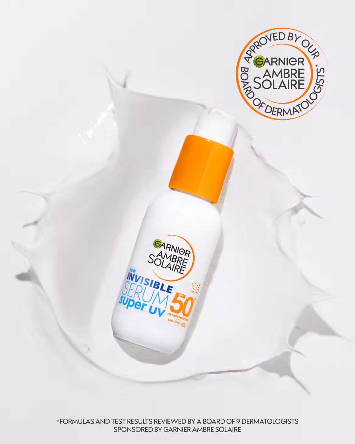 Garnier Ambre Solaire Invisible Serum Super UV SPF 50+ bottle styled in white liquid splash with dermatology approval seal.