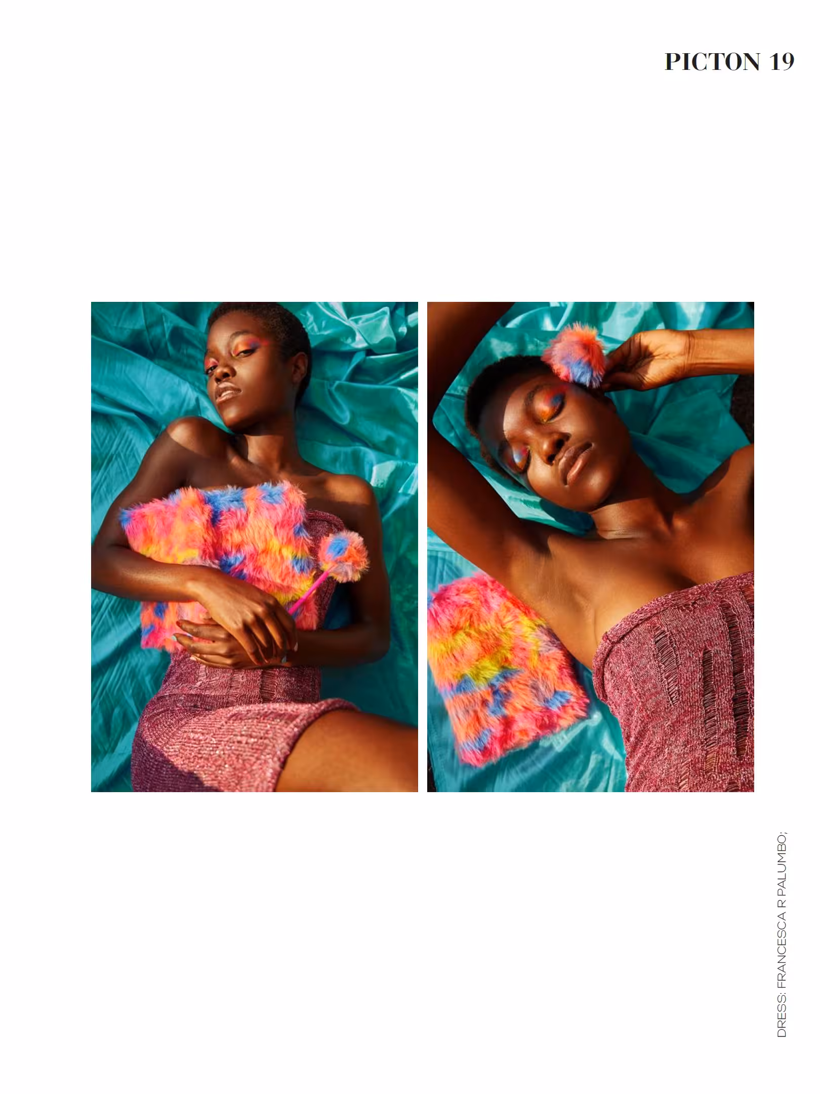 Picton Magazine editorial spread with two images of Abigail Whitney lying down on a colourful teal background.