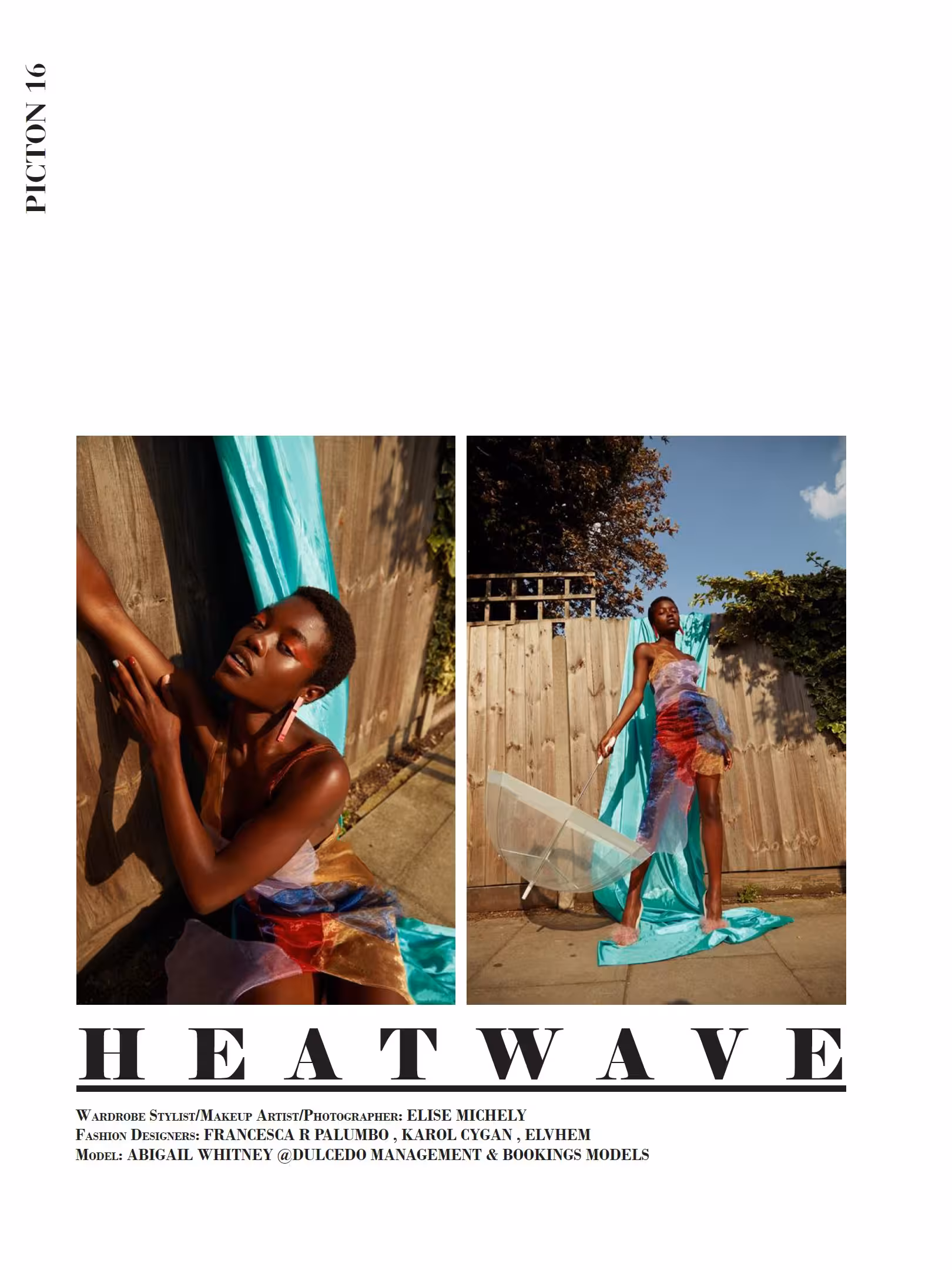 Editorial layout from Picton Magazine Heatwave spread, featuring Abigail Whitney in bold summer styling.