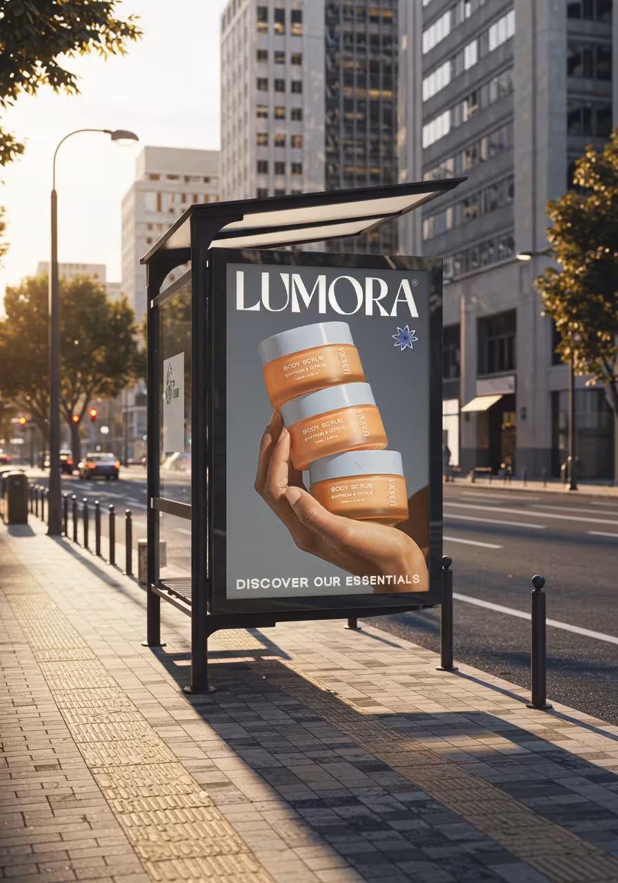 Lumora outdoor campaign poster at a bus stop showcasing body scrub product.