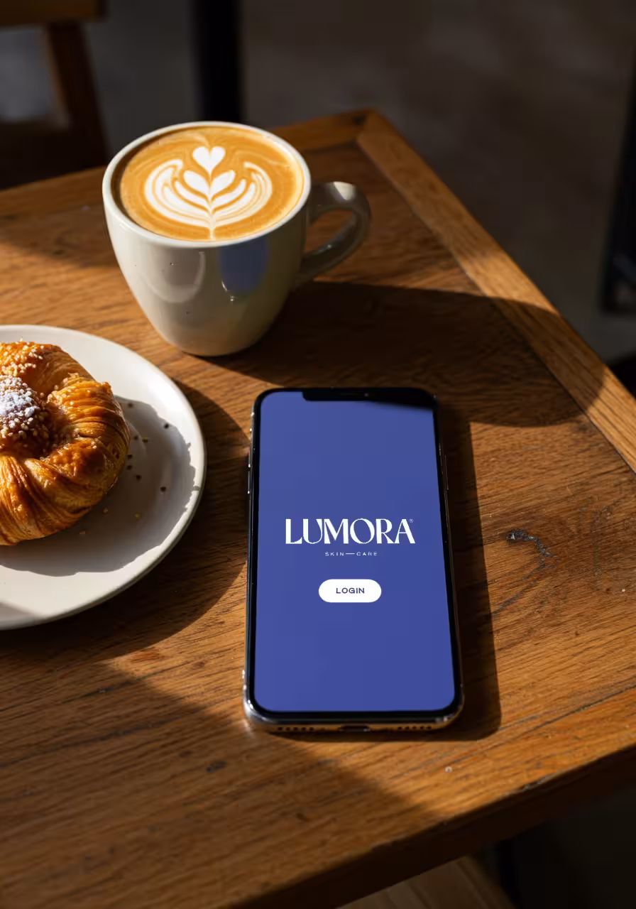 Lumora skincare mobile app login screen displayed on smartphone beside coffee and pastry on wooden café table.
