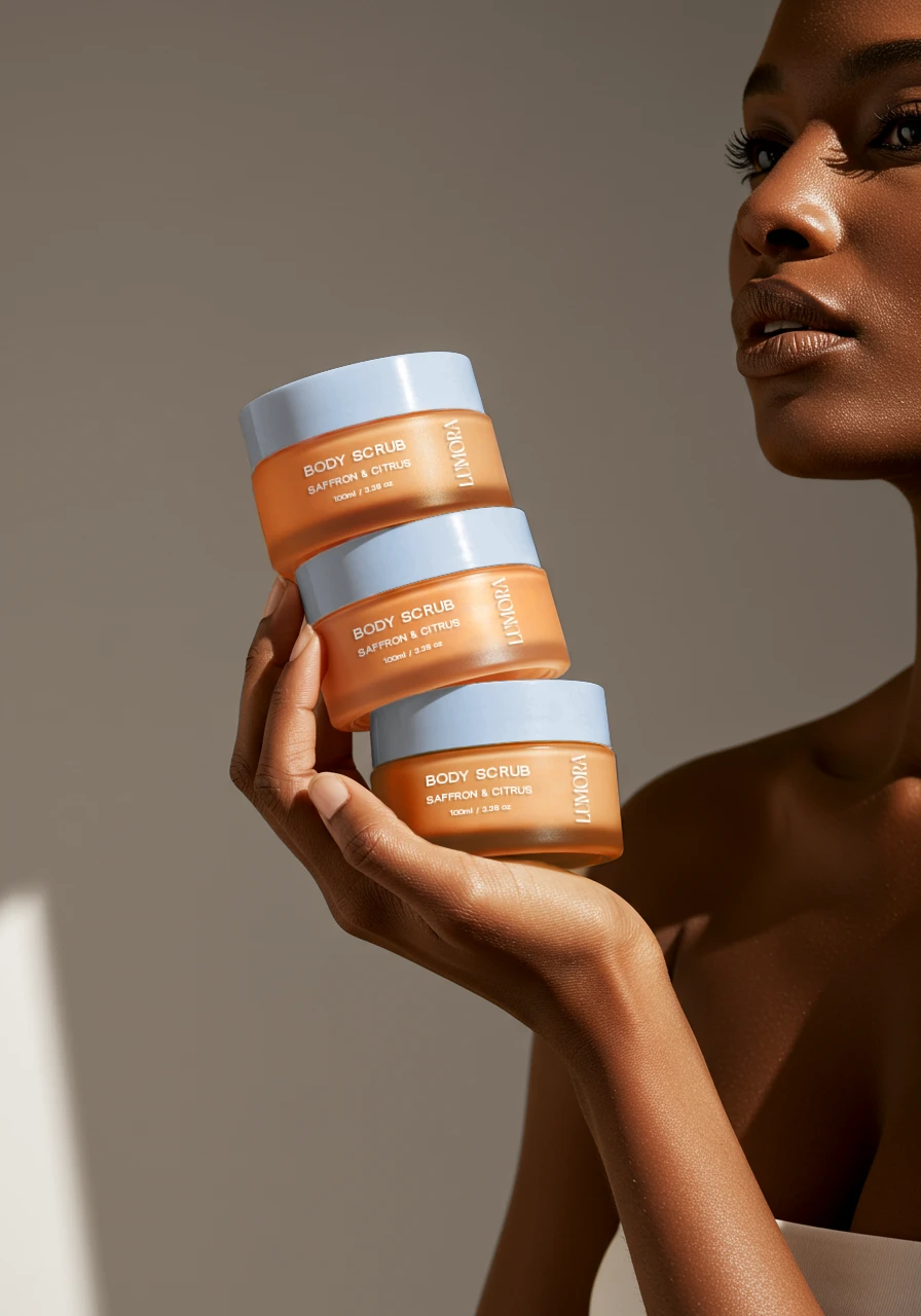 Model holding Lumora saffron and citrus body scrub jar against neutral background.