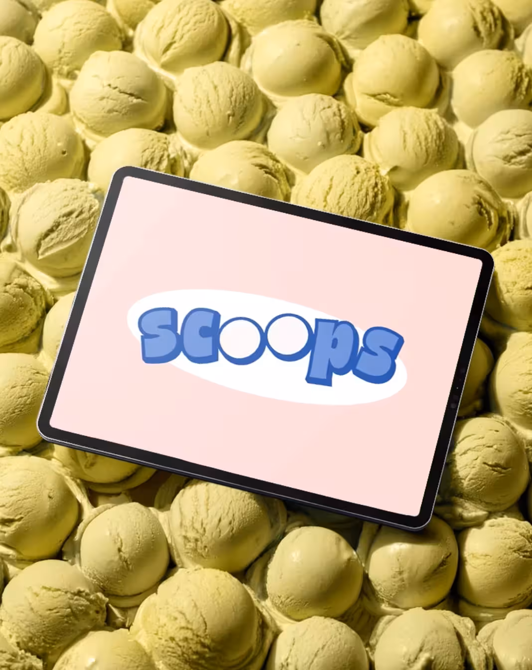 Scoops logo displayed on a tablet surrounded by yellow ice cream scoops.