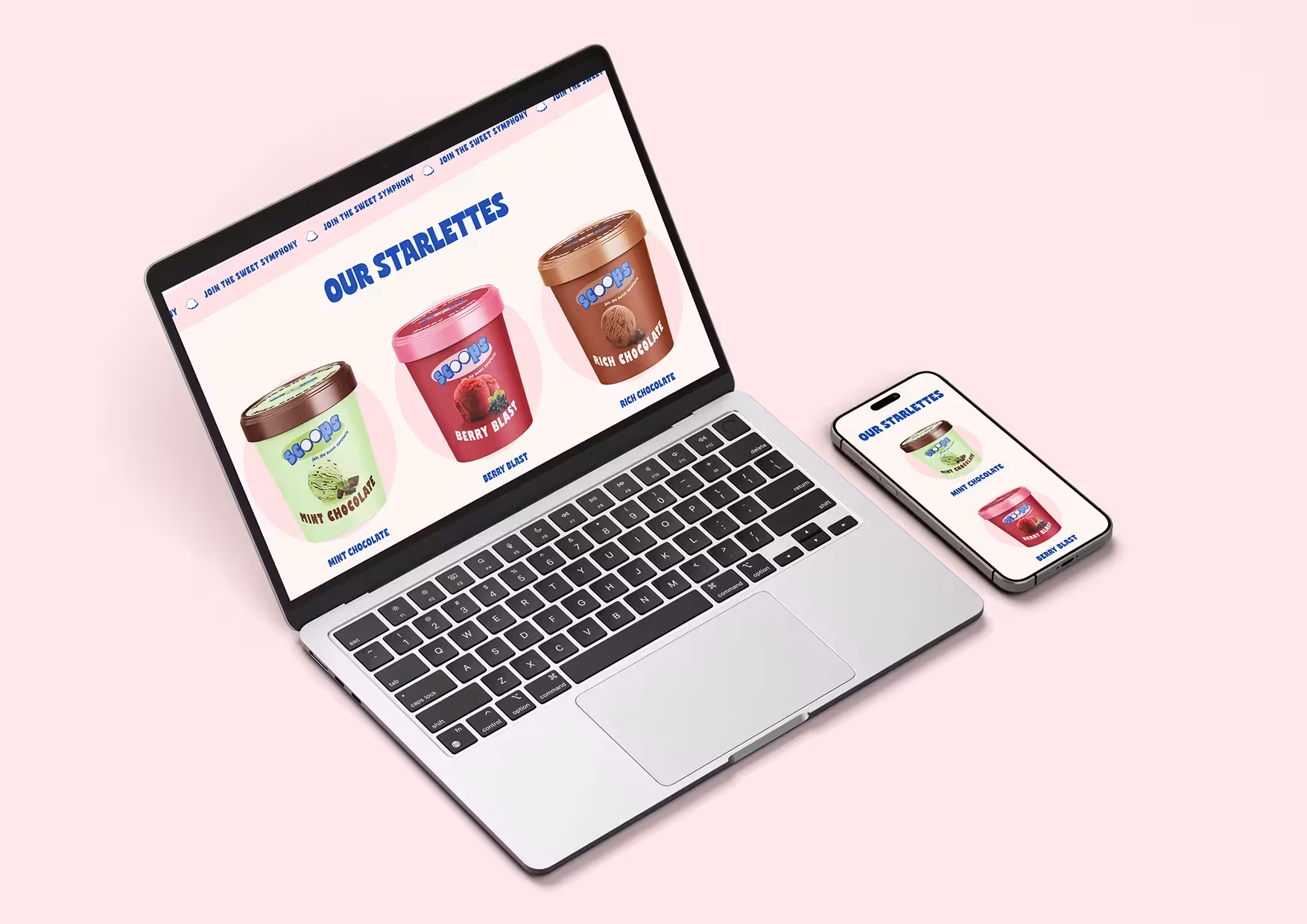 Laptop and smartphone displaying the Scoops website product page on a pink background.