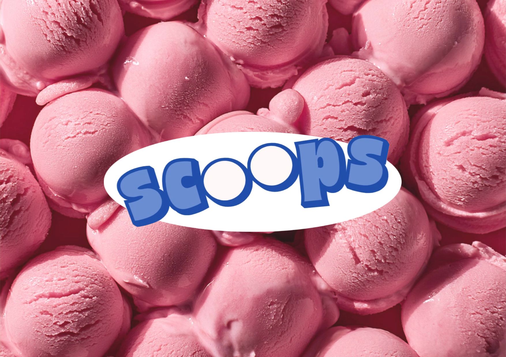 Scoops logo over a background of pink ice cream scoops.