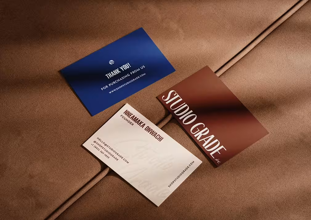 A set of modern business and "thank you" cards for Studio Grade featuring the new logo and colour palette.